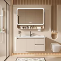 Modern Light Colored Bathroom Vanity Cabinet With Mirror And Toiletries Storage