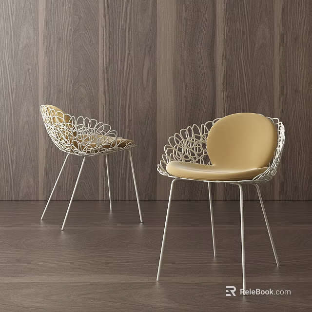 Stylish Leisure Chairs With Intricate Metal Frame And Yellow Cushion Against Wooden Wall 3d model 
