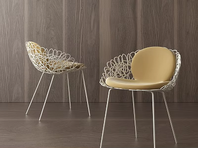 Stylish Leisure Chairs With Intricate Metal Frame And Yellow Cushion Against Wooden Wall 3d model