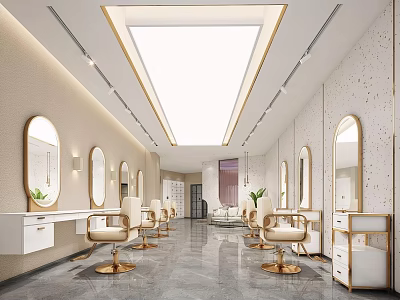 Modern Beauty Salon Interior Design With Mirrors Chairs Lighting And Marble Flooring 3d model