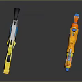 Toy Water Guns Yellow And Orange With Blue Components On Black Background Reflective Surface Design