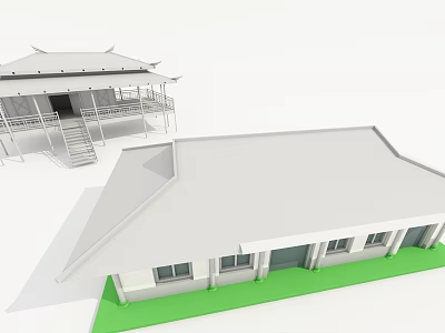 Cartoon Scene Featuring Pagoda Roof Pavilion And Single Story Building With Staircase On Green Base 3d model