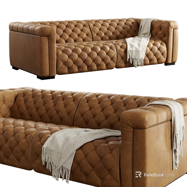 Brown Leather Two Seater Sofa With Tufted Diamond Pattern And Fringe Blanket 3d model