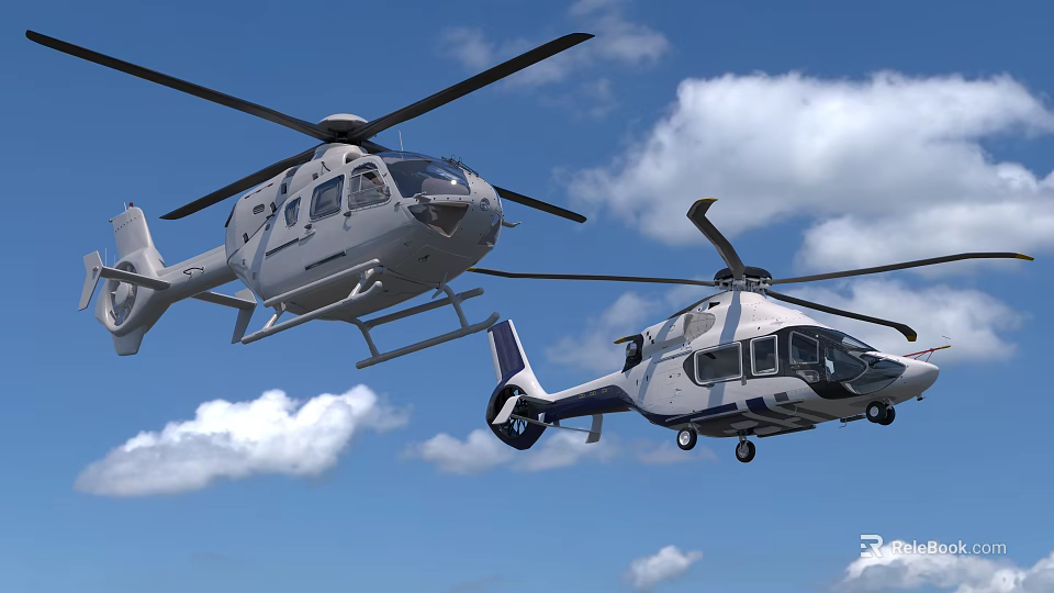 Two Helicopters Flying in Clear Blue Sky with White Clouds 3d model