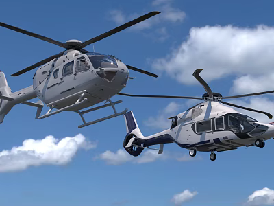 Two Helicopters Flying in Clear Blue Sky with White Clouds 3d model
