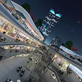 Modern Commercial Street Night View With Tall Buildings Illuminated Shops Green Plants And Lighting