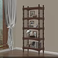 Carved Wooden Bookshelf in Cozy Room Corner with Photo Frames Table Lamp Books and Decorations