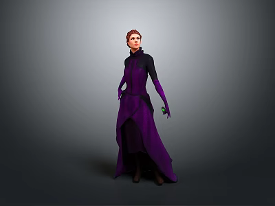 A Woman in Purple Long Dress with Black Top Holding Green Object Against Gray Background 3d model