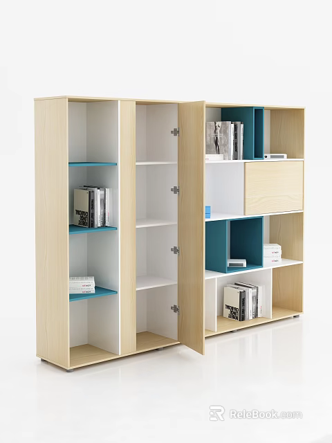 Modern Light Wood File Cabinet With White And Blue Compartments For Organizing Documents And Books 3d model 