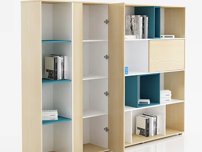 Modern Light Wood File Cabinet With White And Blue Compartments For Organizing Documents And Books 3d model