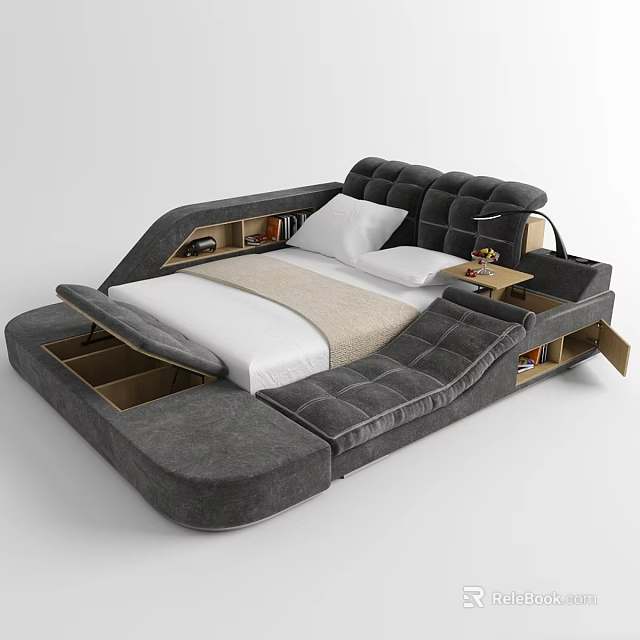 Modern Gray Upholstered Double Bed With Storage Drawers White Bed Linens and Comfortable Cushions 3d model 