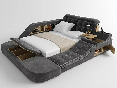 Modern Gray Upholstered Double Bed With Storage Drawers White Bed Linens and Comfortable Cushions 3d model