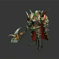 Game Fantasy Warrior Character Wearing Red Silver Armor Holding Flame Axe with Spiked Shoulders