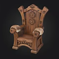 Carved Wooden Chair With Ornate Floral Pattern On Backrest And Sturdy Armrests