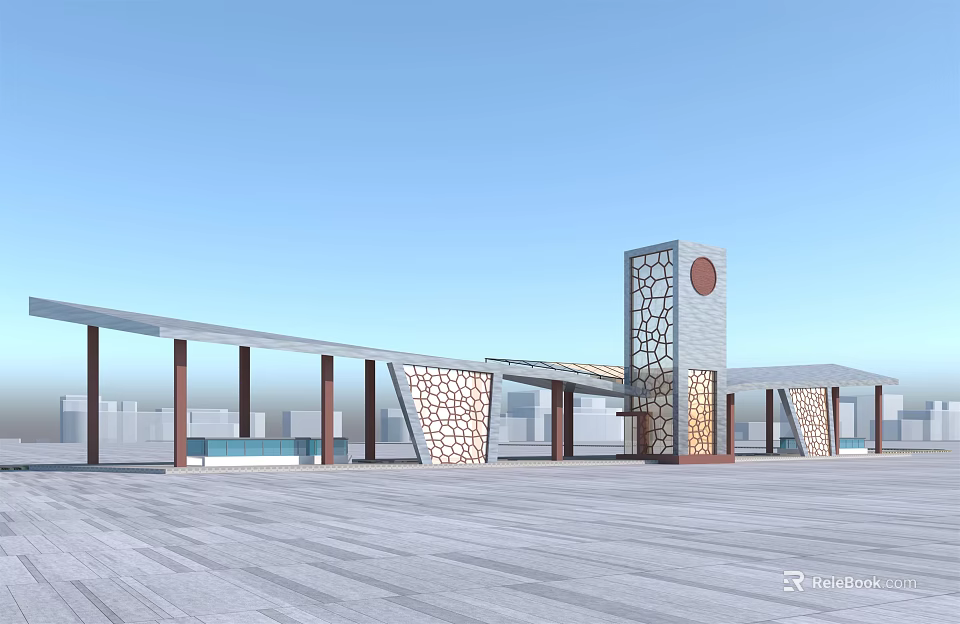 Modern Public Facility Design With Long Roof Supporting Columns Tower And Geometric Patterns 3d model 