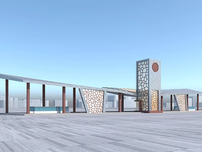Modern Public Facility Design With Long Roof Supporting Columns Tower And Geometric Patterns 3d model