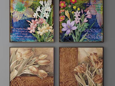 Vintage Botanical Paintings With Colorful Flowers And Textured Background For Wall Decor 3d model