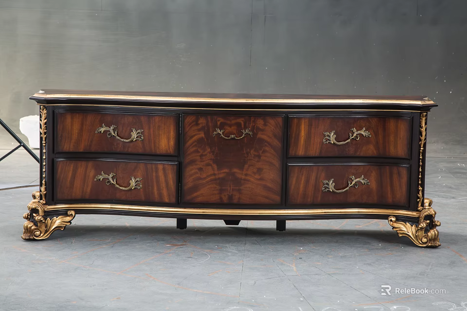 Vintage Wooden TV Stand With Ornate Gold Handles Multiple Drawers And Decorative Legs 3d model 
