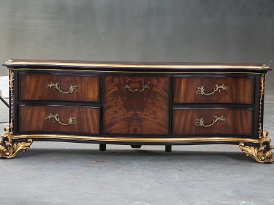 Vintage Wooden TV Stand With Ornate Gold Handles Multiple Drawers And Decorative Legs 3d model