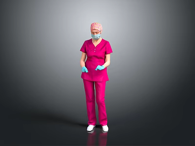 Man In Pink Scrubs With Surgical Cap Face Mask And Blue Gloves Standing 3d model