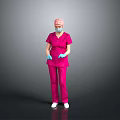Man In Pink Scrubs With Surgical Cap Face Mask And Blue Gloves Standing