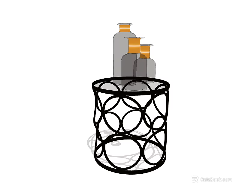 Black Circular Ring Design Side Table With Decorative Glass Bottles On Top 3d model