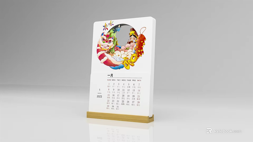 2023 January Desk Calendar with Cartoon Characters Good Luck Inscriptions White Body and Golden Base 3d model 