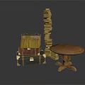 Stacked Suitcases With Tall Book Stack And Round Wooden Table In Interior