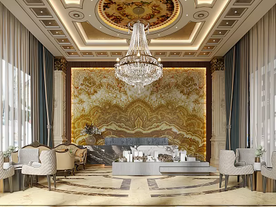 Luxurious Sales Office With Ornate Ceiling Crystal Chandelier And Golden Feature Wall 3d model