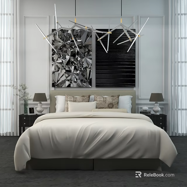 Elegant Double Bed Background With White Bedspread Pillows Wall Art And Table Lamps 3d model 
