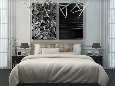 Elegant Double Bed Background With White Bedspread Pillows Wall Art And Table Lamps 3d model