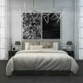 Elegant Double Bed Background With White Bedspread Pillows Wall Art And Table Lamps