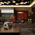 Elegant Modern Shop Front Desk With Marble Countertop Chandelier Green Plants And Sofa Seating