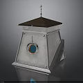 Small White Tower Structure With Circular Window Blue Red Frame Brown Roof And Spire