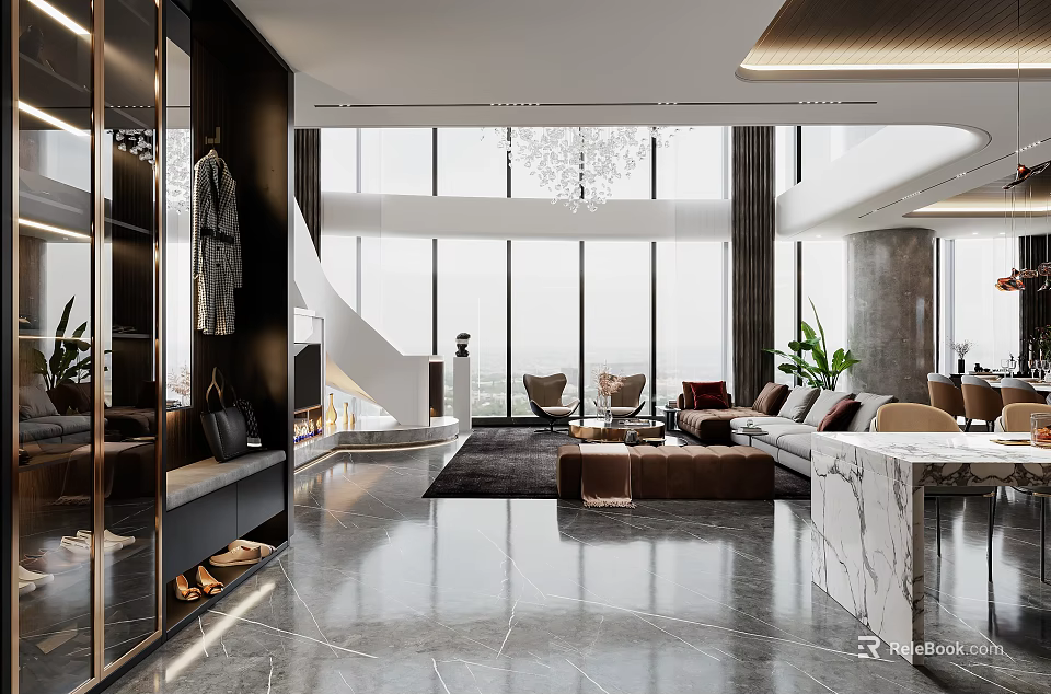 Modern Living And Dining Room Interior With Large Windows Chandelier Sofa And Marble Countertop 3d model 