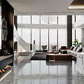 Modern Living And Dining Room Interior With Large Windows Chandelier Sofa And Marble Countertop
