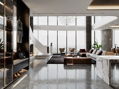 Modern Living And Dining Room Interior With Large Windows Chandelier Sofa And Marble Countertop 3d model