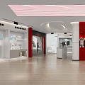 Spacious Modern Retail Store Interior With Product Display Areas Wooden Flooring And Striped Ceiling Designs