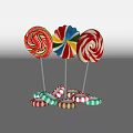 Three Colorful Spiral Lollipops And Striped Candies Displayed On White Background