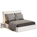 Modern Double Bed With Upholstered Headboard Multiple Pillows Brown Cushion And Striped Blanket