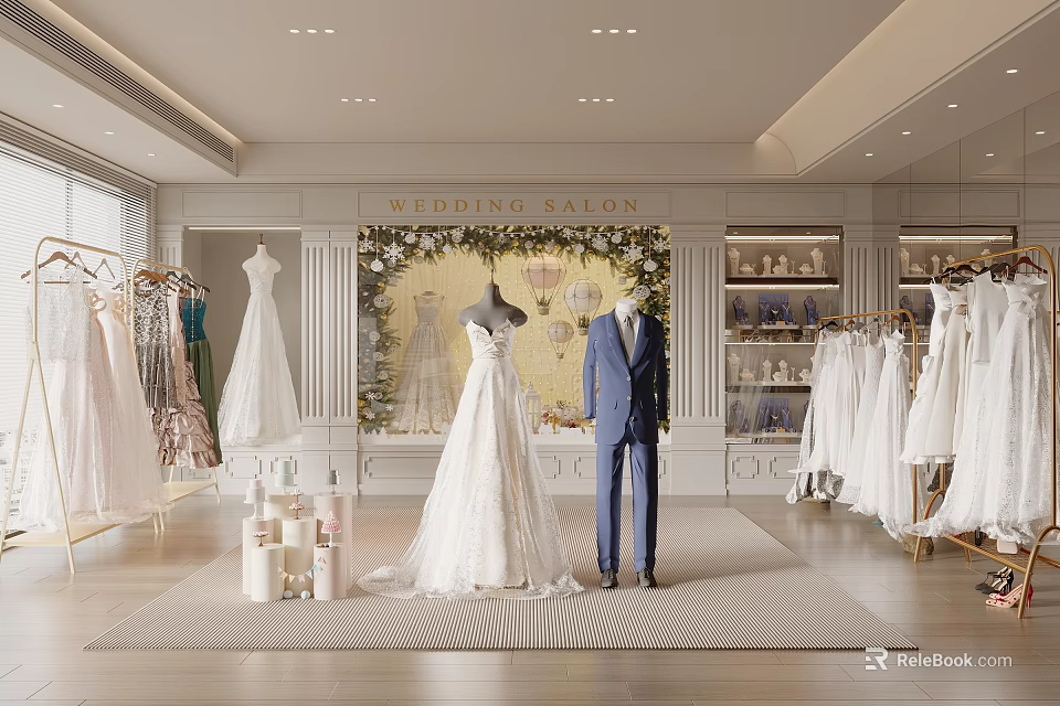 Elegant Bridal Shop Interior With Wedding Dresses Groom Suits And Decorative 3d model 