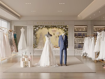 Elegant Bridal Shop Interior With Wedding Dresses Groom Suits And Decorative 3d model