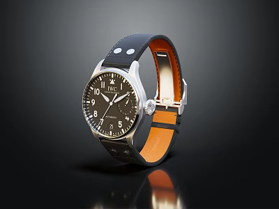 Classic Pilot Style Watch With Black Leather Strap Orange Lining Black Dial Silver Hands 3d model
