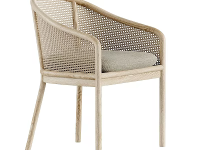 Comfortable Outdoor Chair With Wicker Back Wooden Frame And Gray Cushion 3d model