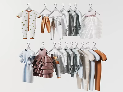 Baby and Kids Clothes with Floral Patterns Ruffled Dresses and Solid Color Tops Pants 3d model