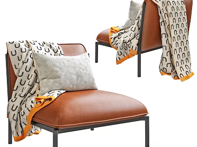 Brown Leather Single Sofa with Black Metal Frame Gray Cushion and Patterned Throw Blanket 3d model