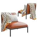 Brown Leather Single Sofa with Black Metal Frame Gray Cushion and Patterned Throw Blanket