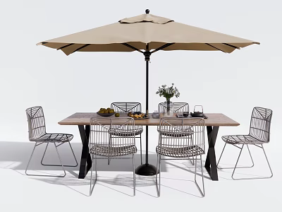 Outdoor Wooden Dining Table with Metal Chairs Umbrella and Fruit Decor 3d model