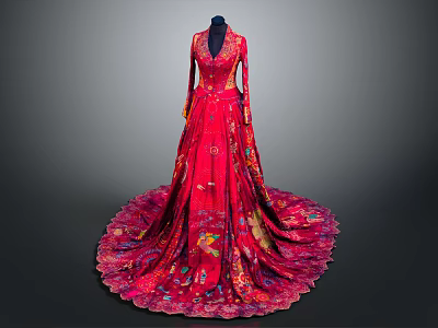 Red Long Evening Gown With Intricate Floral Patterns And Flowing Train 3d model
