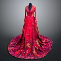 Red Long Evening Gown With Intricate Floral Patterns And Flowing Train 3d model